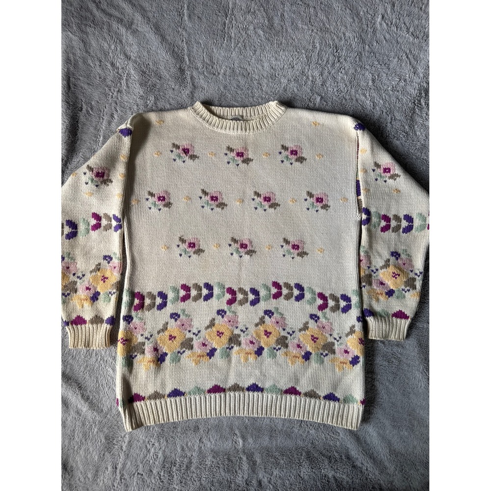 Vintage Saks Fifth Avenue Real Clothes Floral Cotton Knit Sweater Cream Womens M